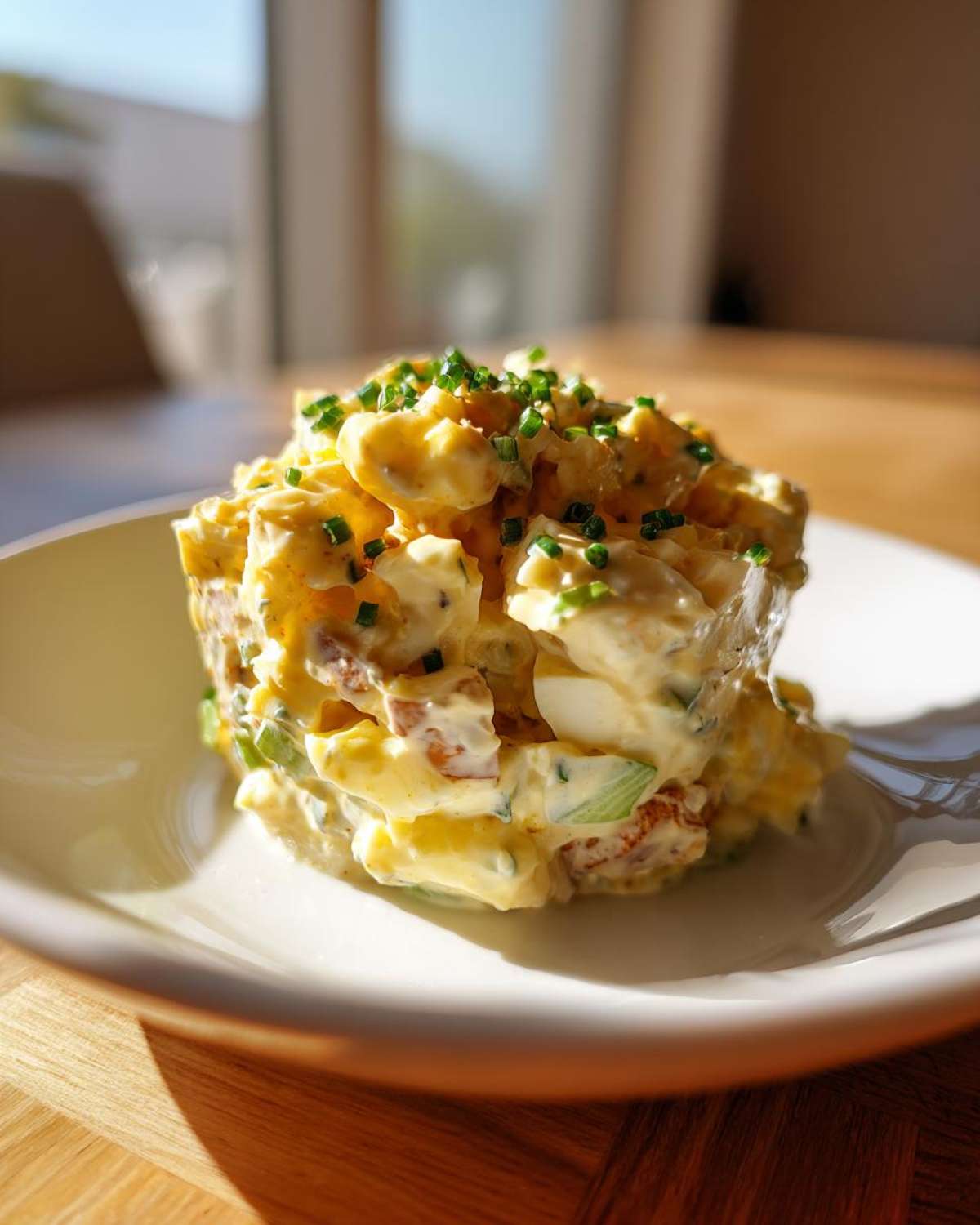 A mound of creamy, yellow egg salad recipe garnished with fresh chopped chives, served on a white plate.
