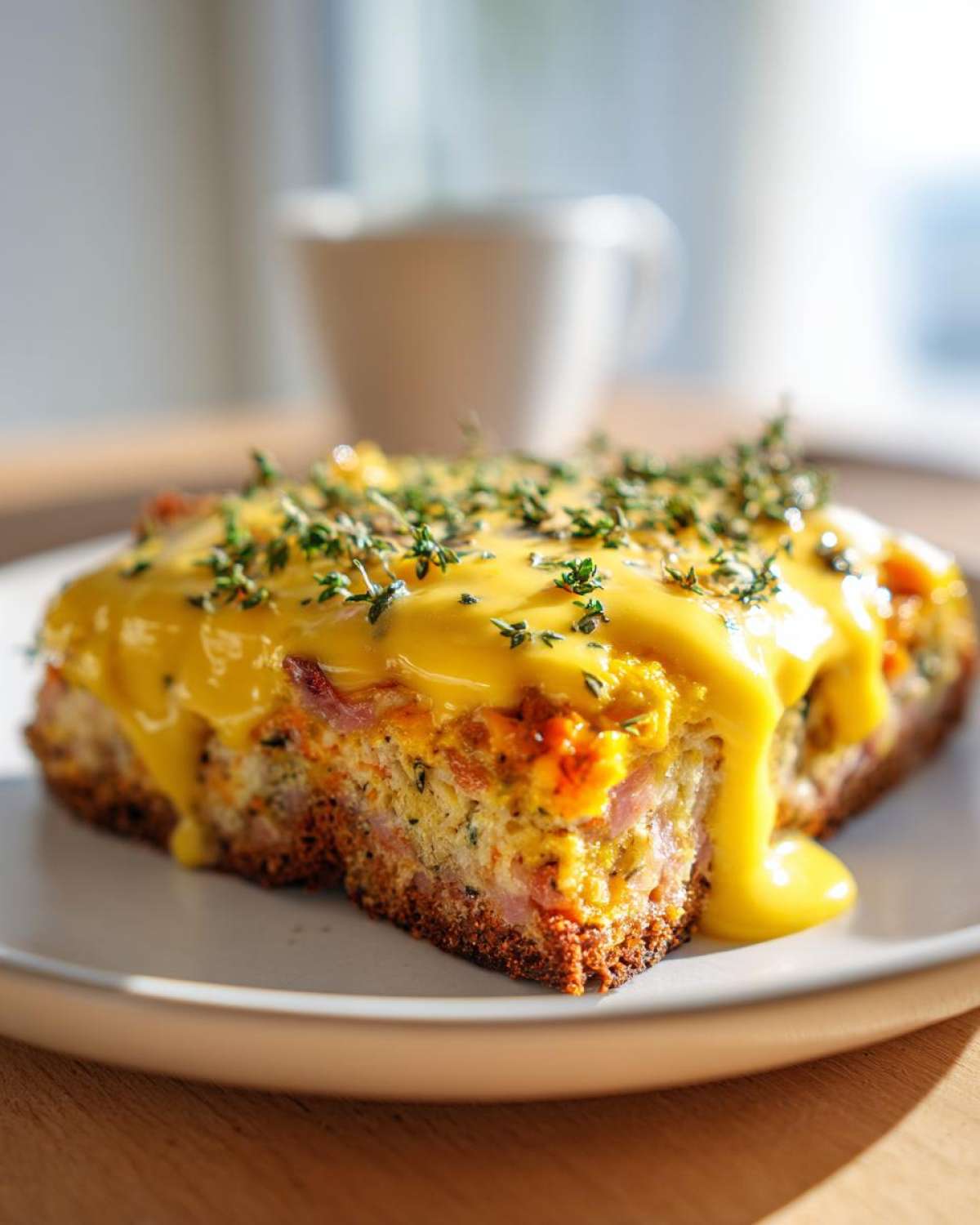 A close-up of a single serving of eggs benedict casserole topped with bright yellow hollandaise sauce and fresh thyme.