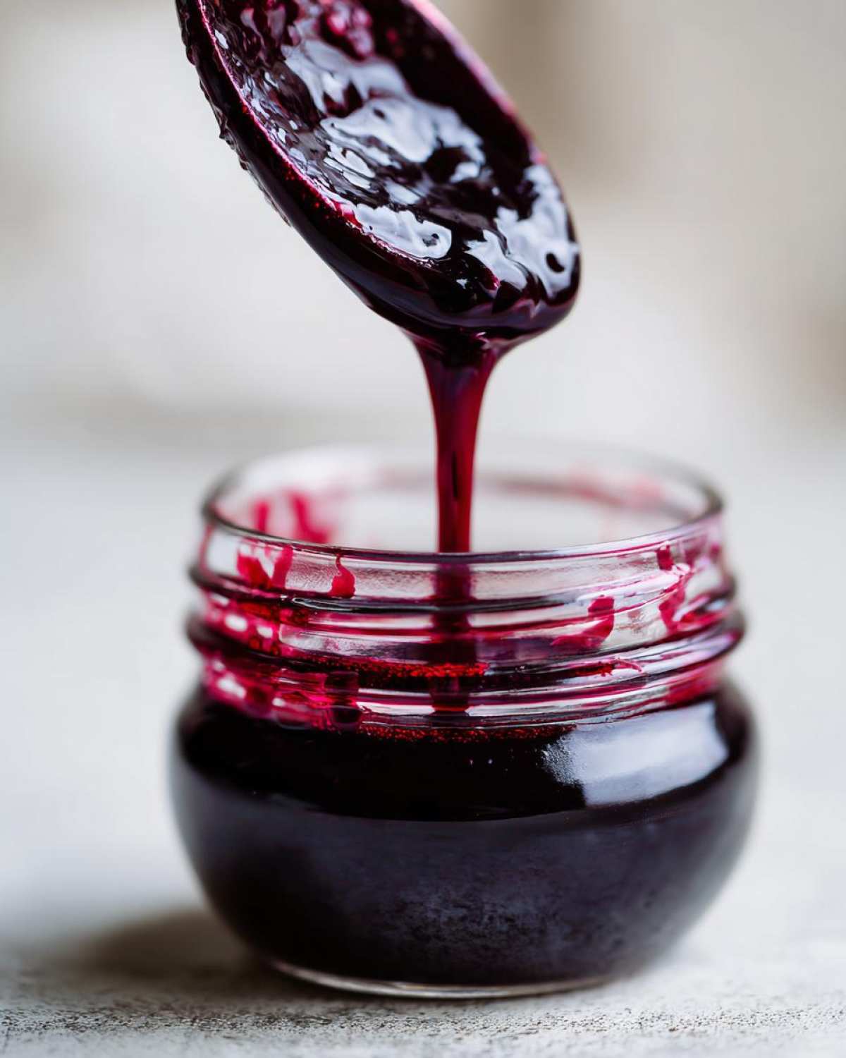 Close-up of thick, dark elderberry syrup recipe being poured from a spoon into a small glass jar.
