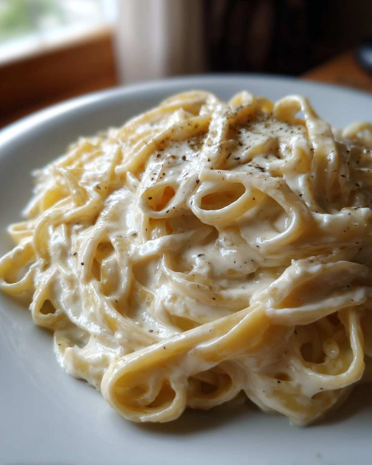 Close-up of fettuccine pasta coated in rich, creamy homemade alfredo sauce and topped with black pepper.