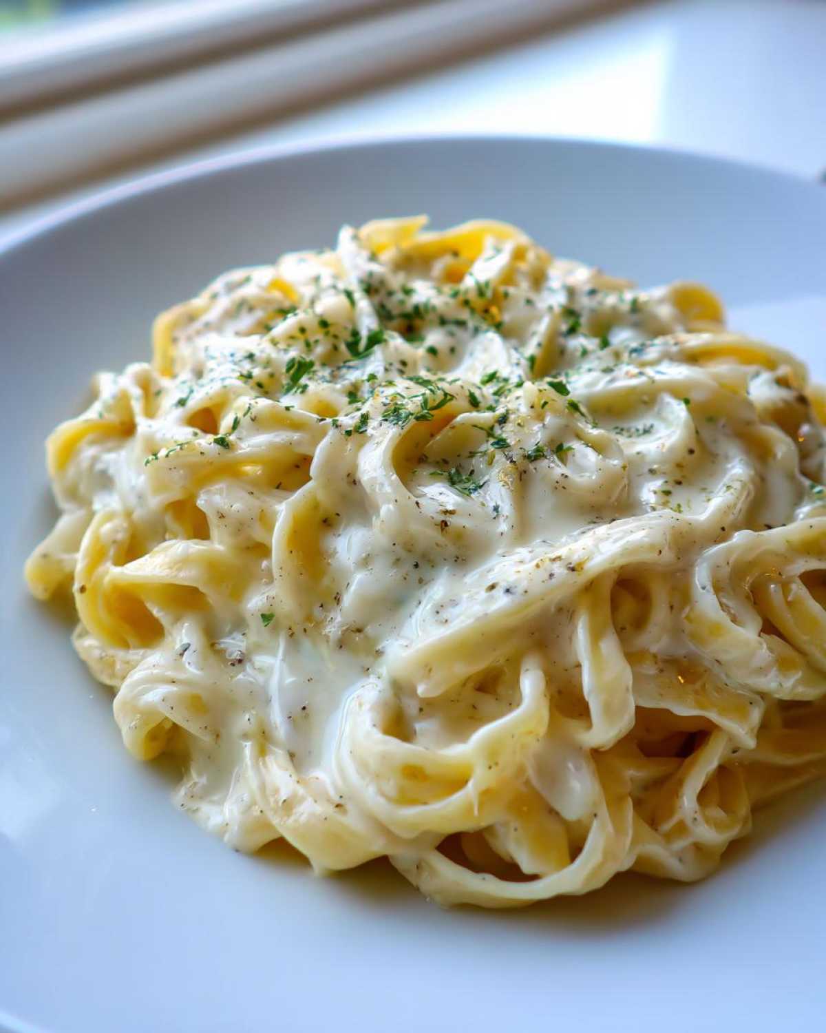 Close-up of fettuccine pasta generously coated in rich homemade alfredo sauce and sprinkled with parsley.