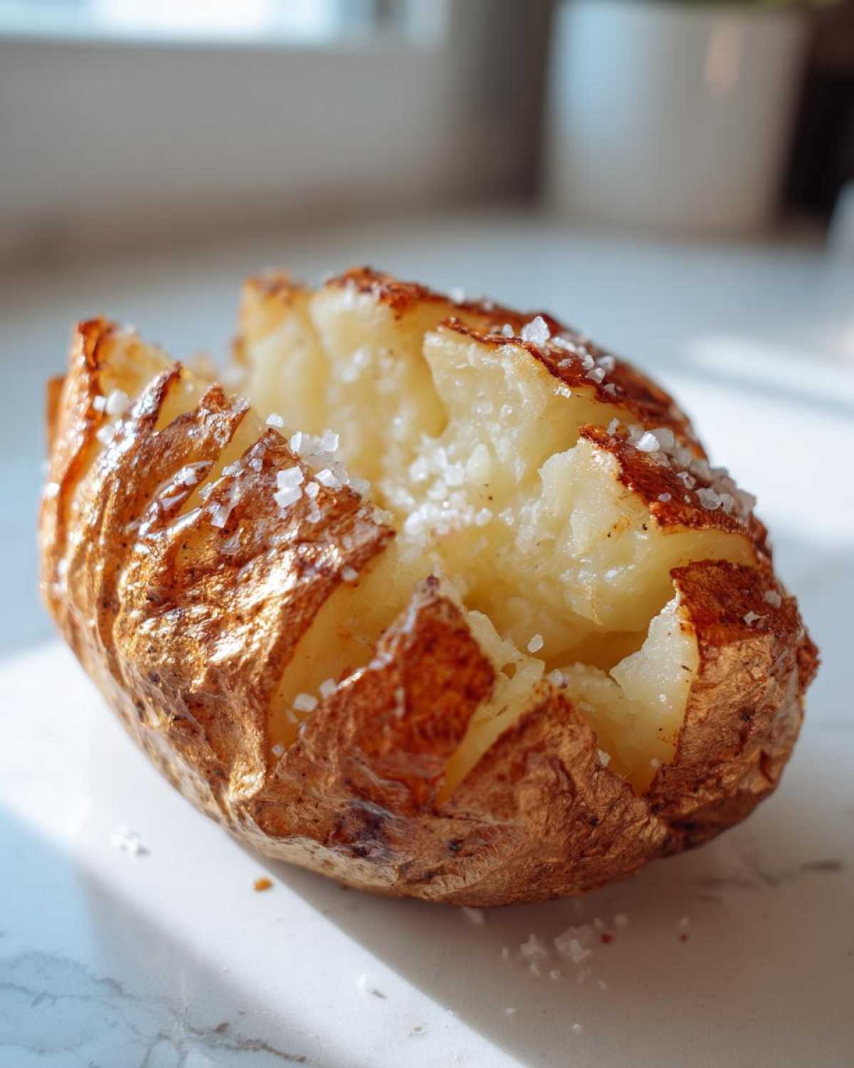 Close-up of a perfectly cooked air fryer baked potato, scored and topped with coarse sea salt.
