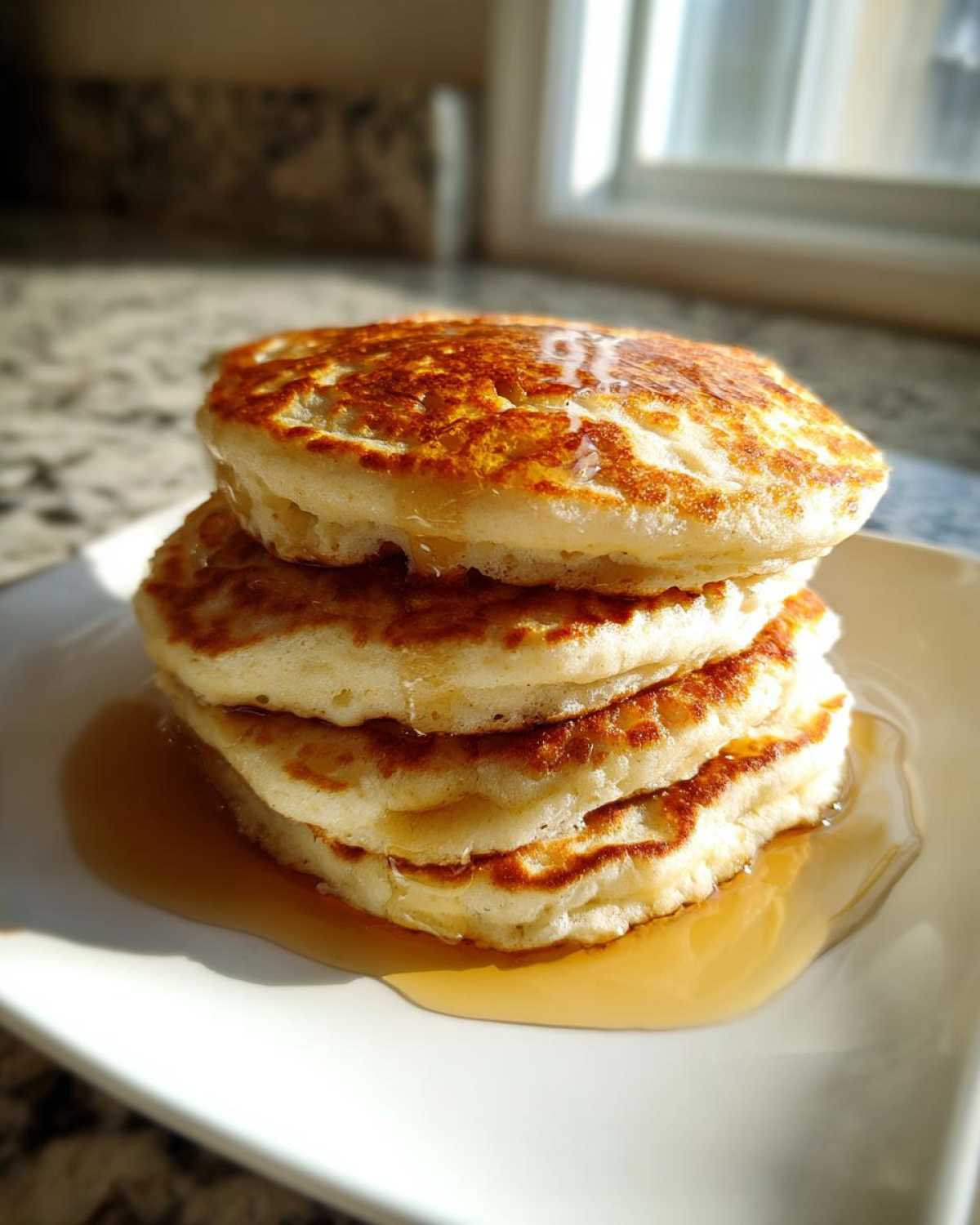 A stack of four fluffy almond flour pancakes drizzled with syrup on a white plate.