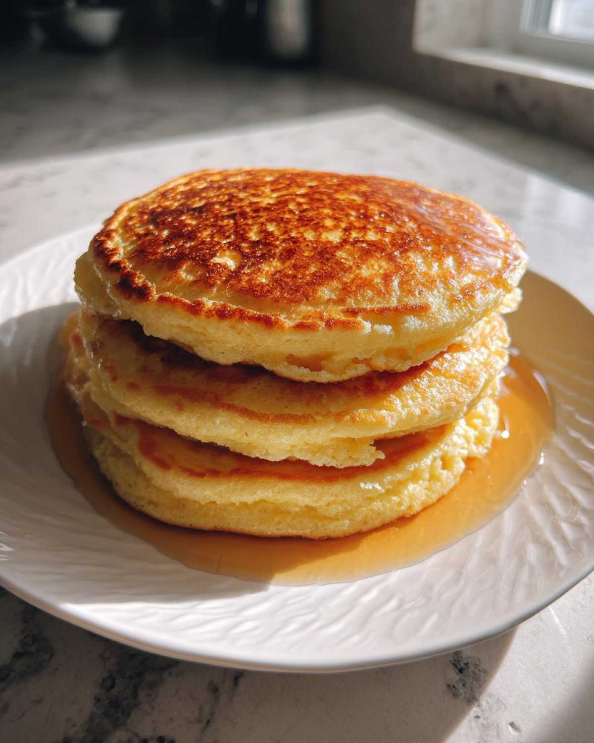 A tall stack of three fluffy almond flour pancakes drizzled with syrup on a white textured plate.