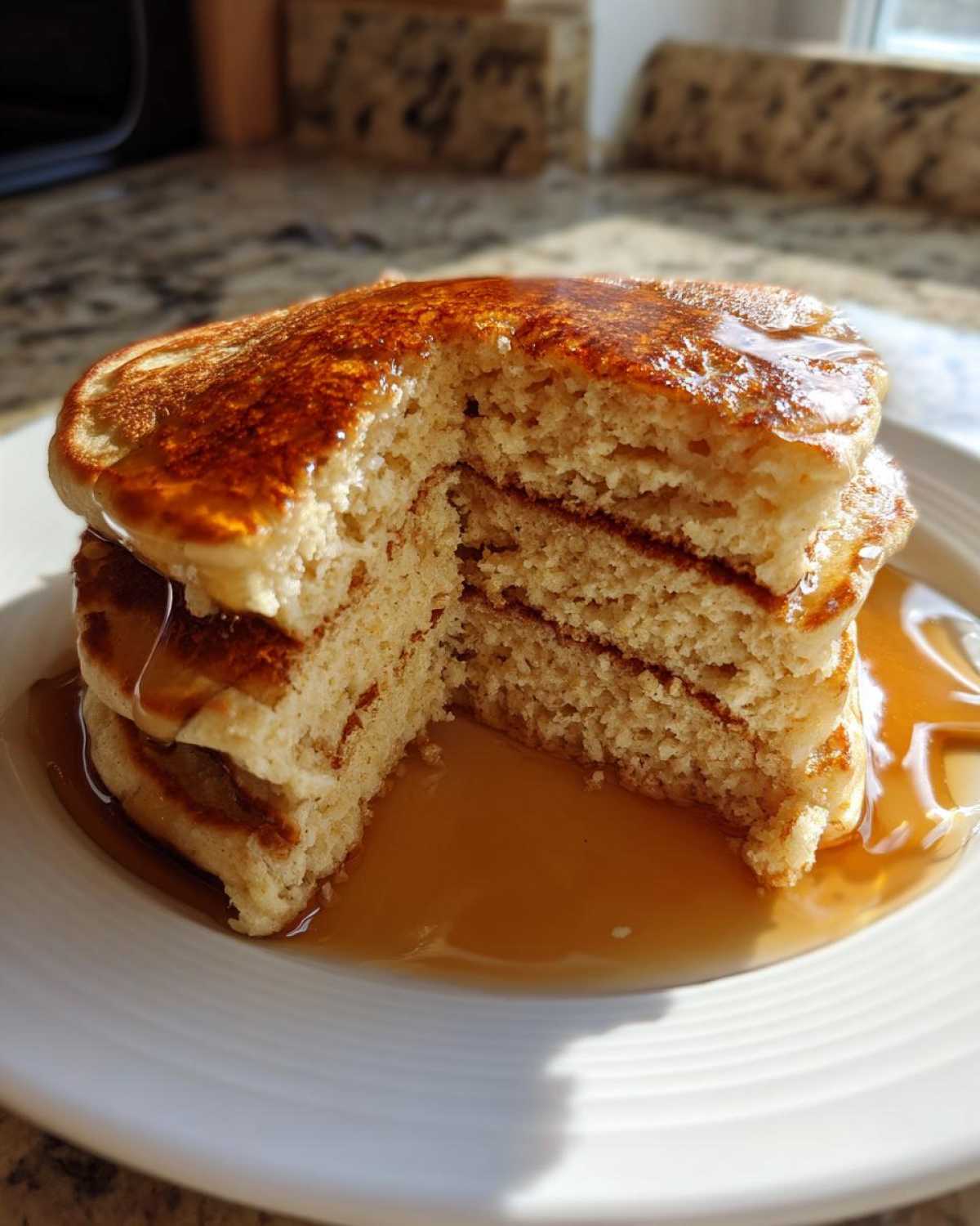 Cross-section view of a stack of fluffy almond flour pancakes drenched in maple syrup on a white plate.
