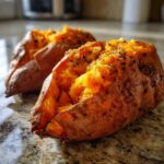 Close-up of two fluffy baked sweet potatoes split open and seasoned on a granite countertop.