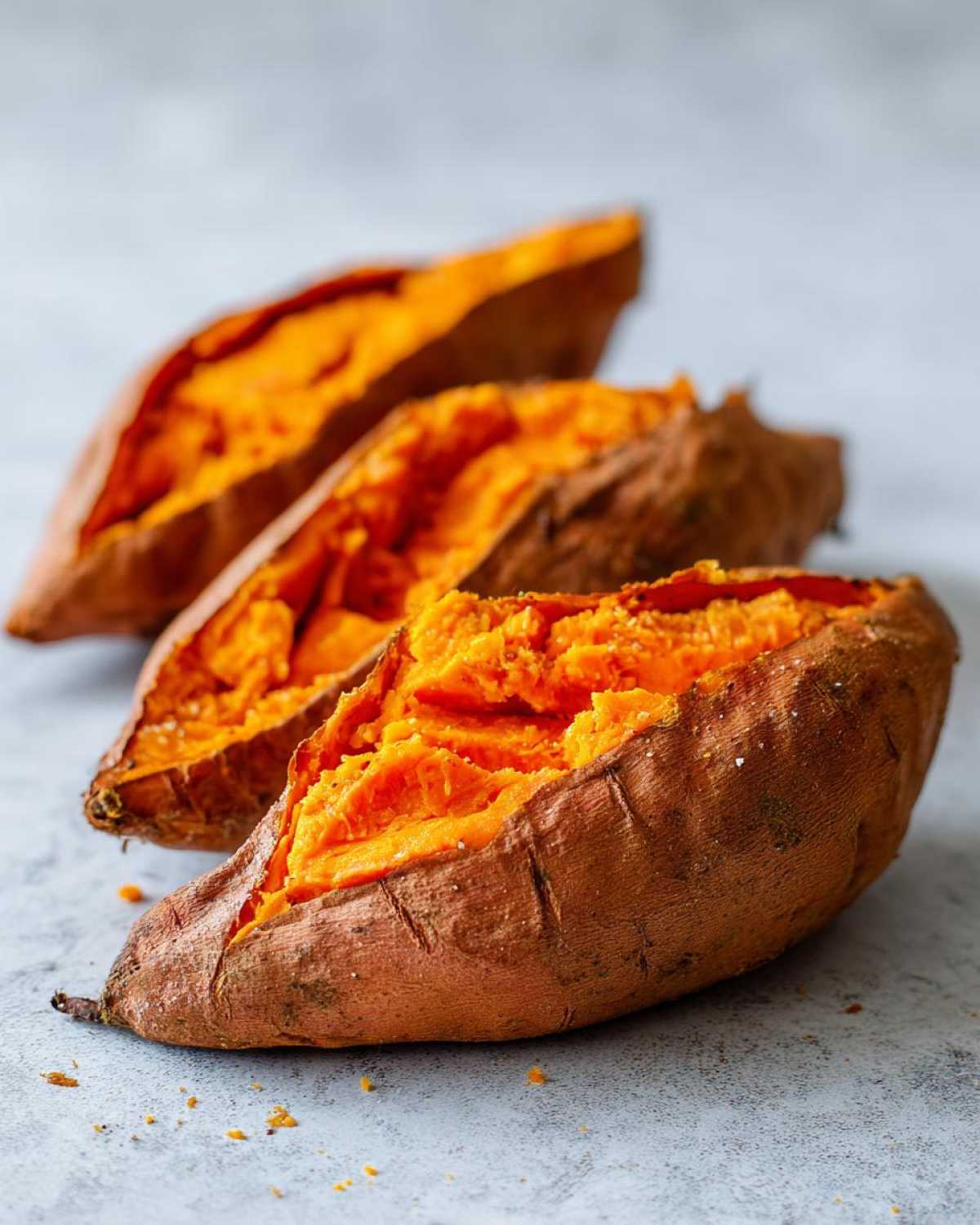 Three fluffy baked sweet potatoes split open showing bright orange flesh on a light gray surface.