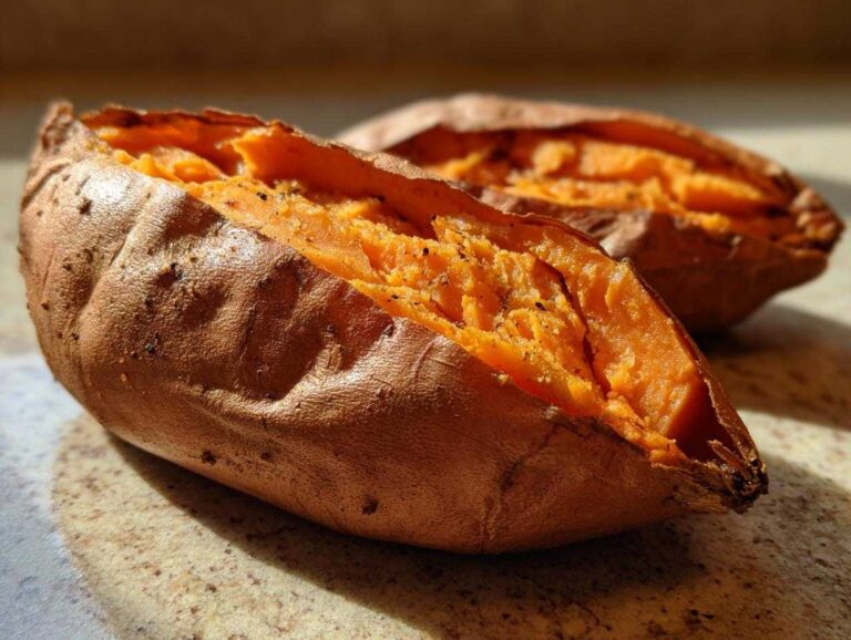 Fluffy baked sweet potatoes: 1 amazing secret Close-up of fluffy baked sweet potatoes, split open and seasoned with pepper.