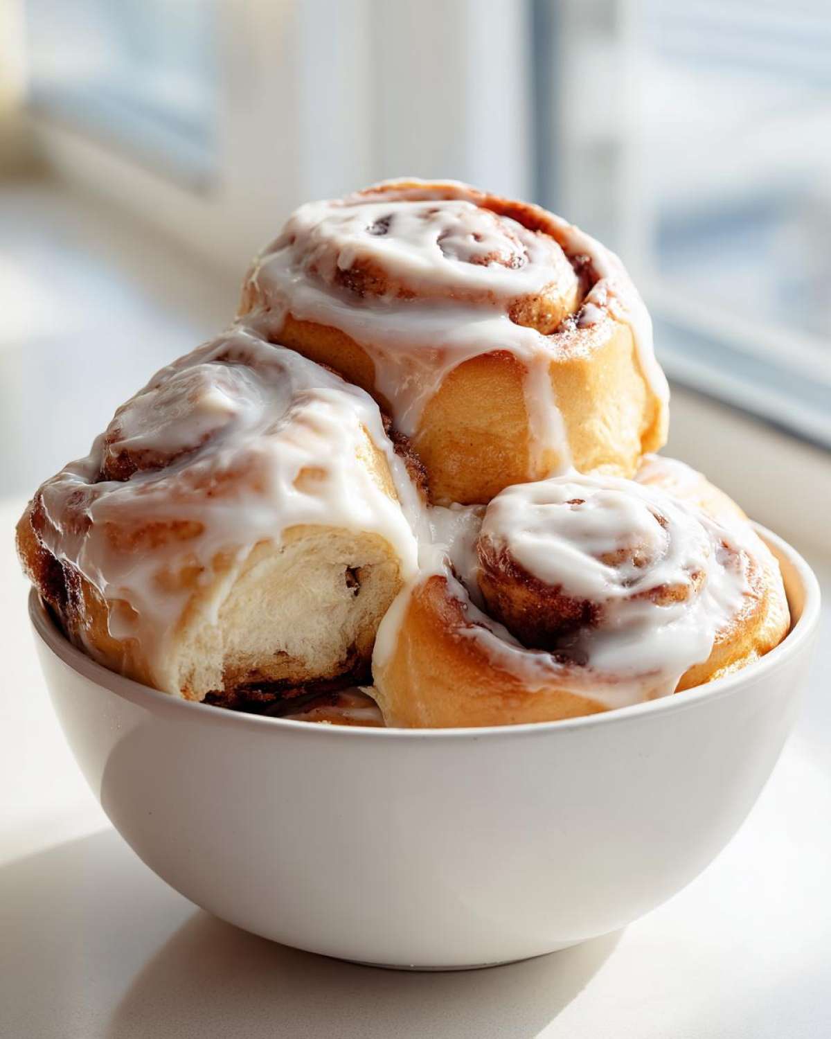 A white bowl filled with several freshly baked cinnamon rolls generously topped with white icing.