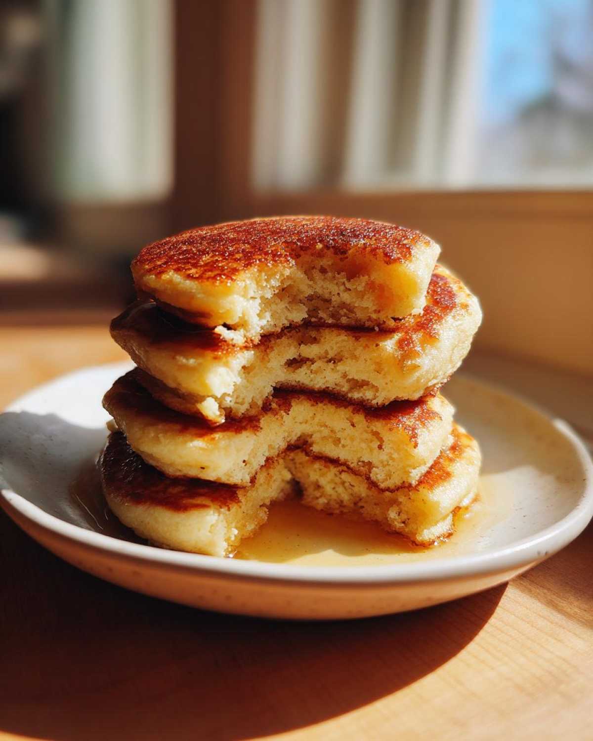 A close-up of a stack of four fluffy coconut flour pancakes, with a bite taken out, drizzled with syrup.