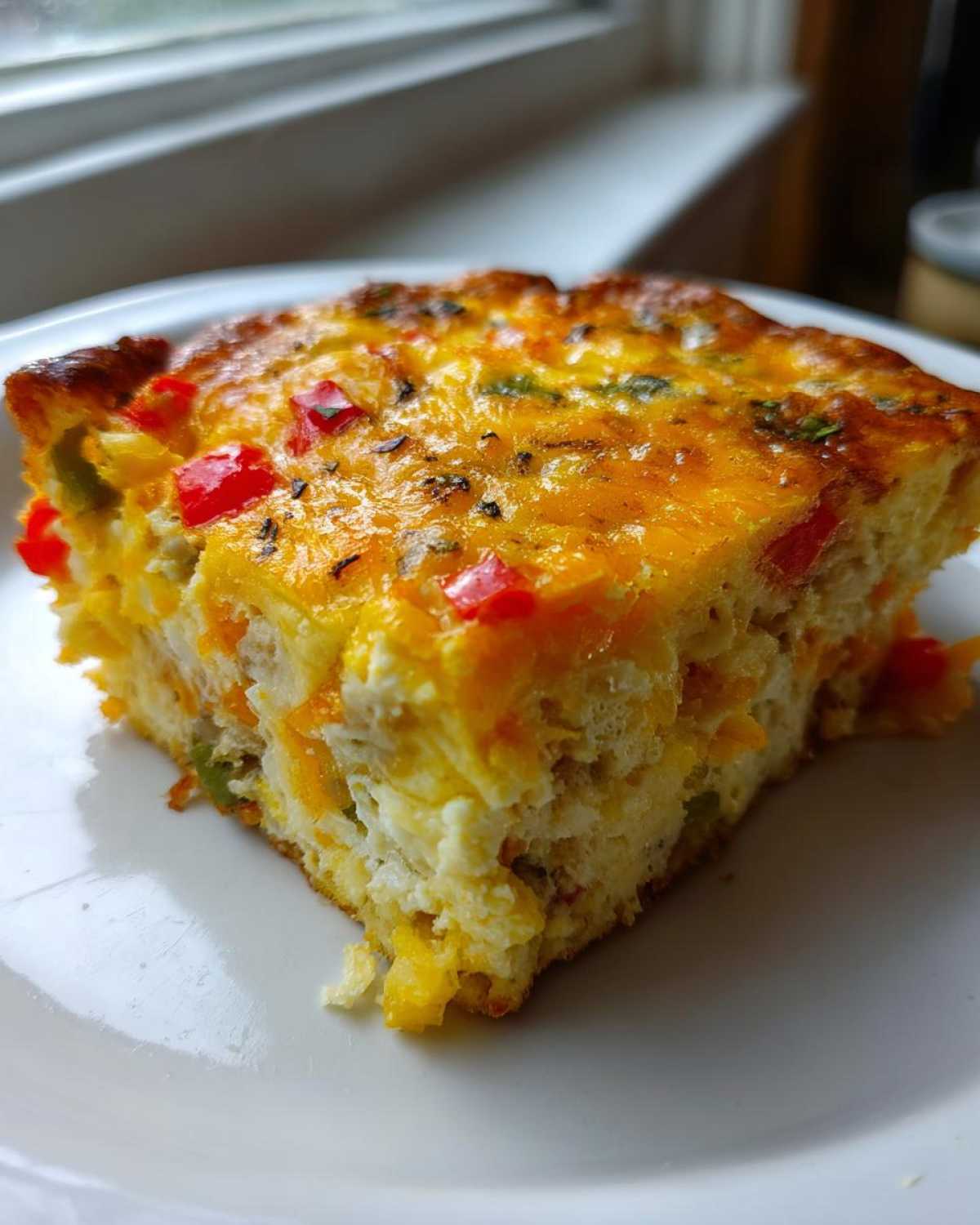 A close-up, appetizing slice of fluffy egg bake topped with melted cheddar cheese and visible red and green peppers.