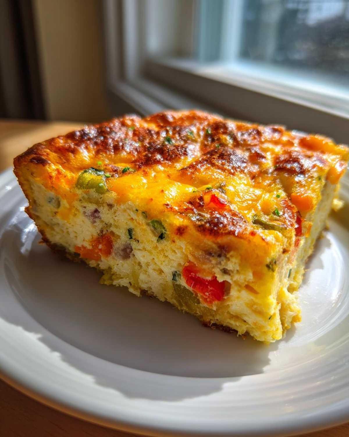 A thick, fluffy slice of vegetable and cheese egg bake served on a white plate near a window.