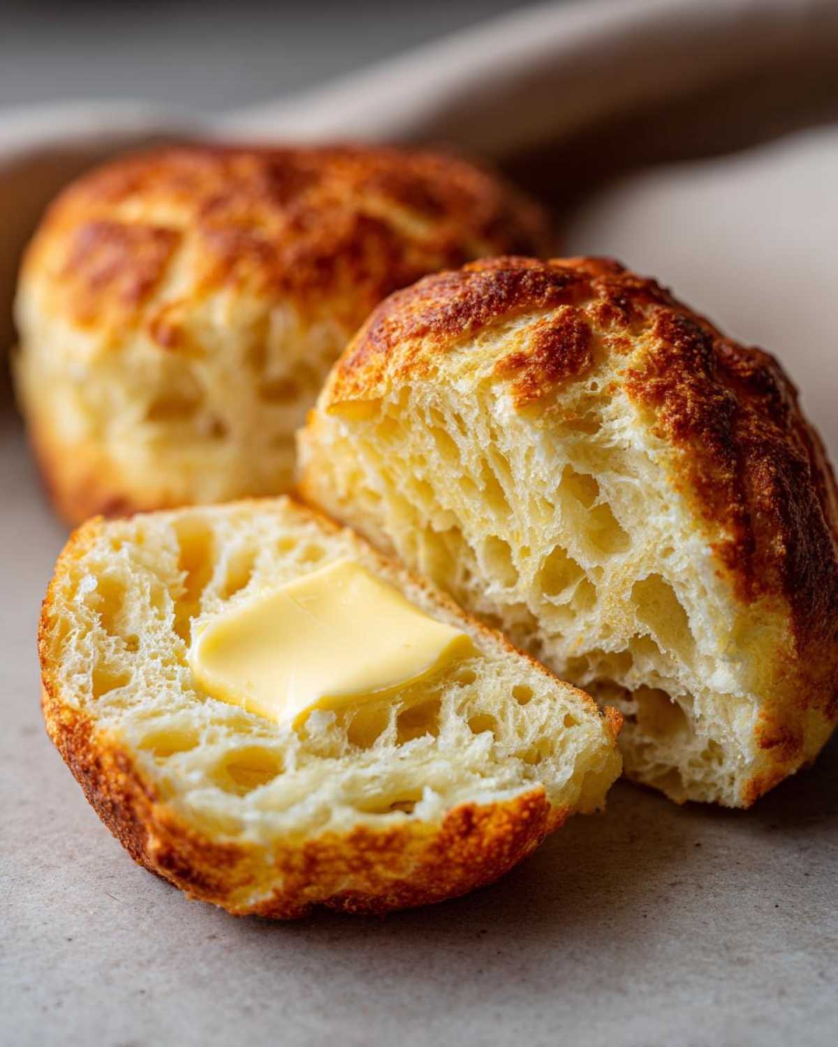 Close-up of a fluffy english muffin split open, showing its airy interior with a pat of melting butter.