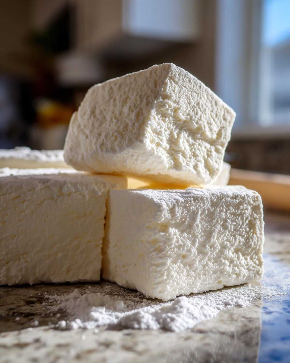 Close-up of several large, square homemade marshmallows dusted with powdered sugar on a granite counter.