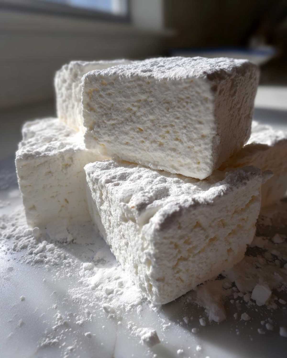 Close-up of fluffy homemade marshmallows stacked and heavily dusted with white powdered sugar.