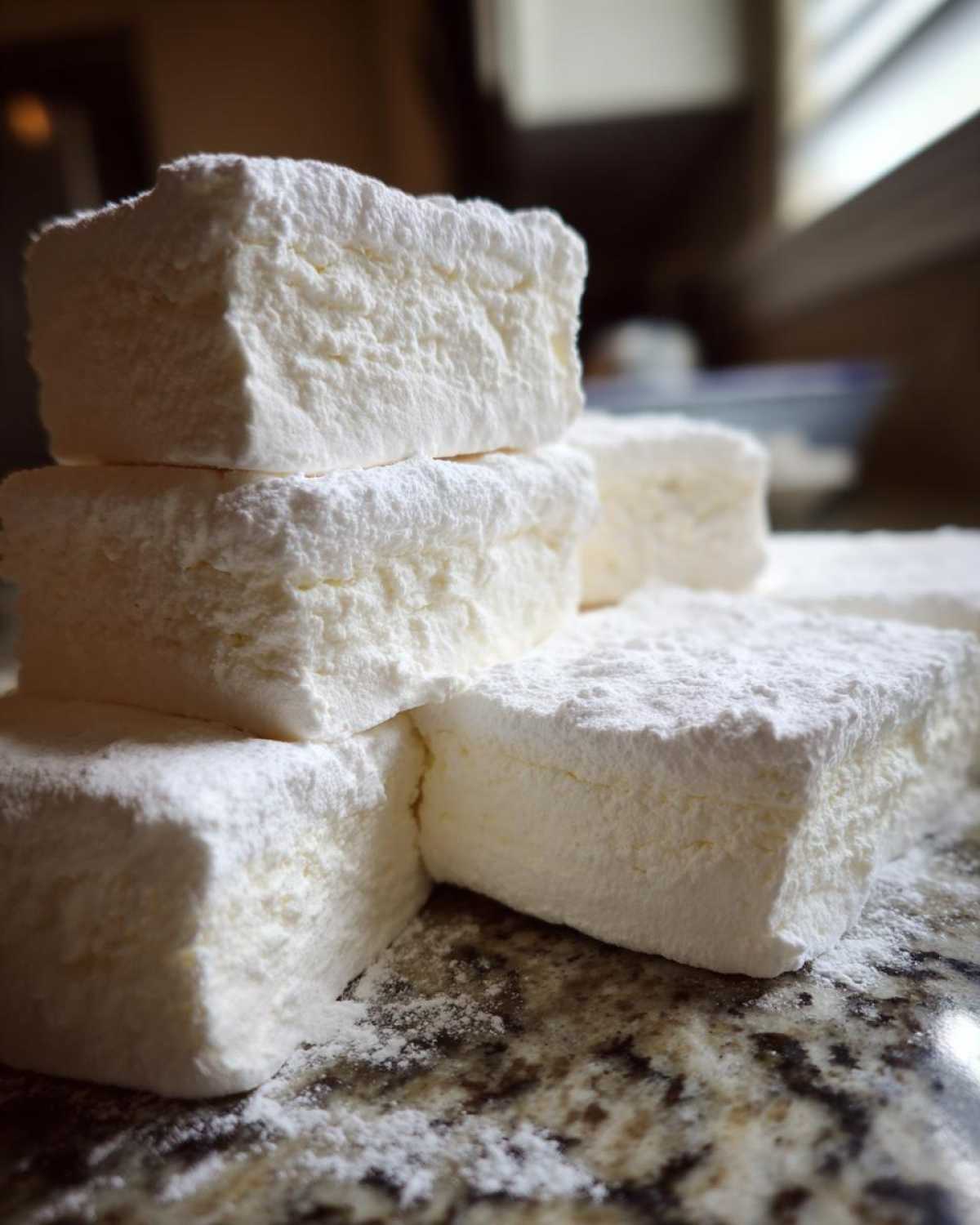 Close-up of several large, fluffy homemade marshmallows stacked and dusted heavily with powdered sugar.