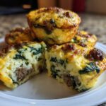 Close-up of fluffy muffin tin egg bites, one cut open showing sausage and spinach filling.