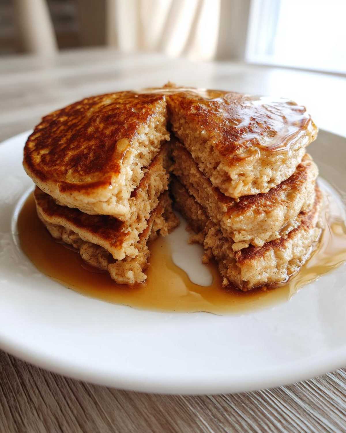Close-up of a fluffy stack of oatmeal pancakes, cut open to show texture, drizzled with maple syrup.