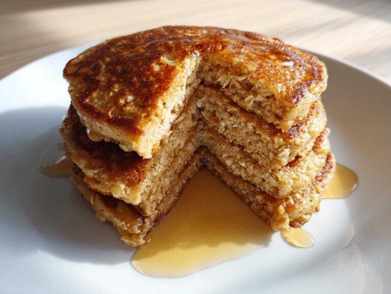 A tall stack of fluffy oatmeal pancakes with a slice cut out, drizzled with golden syrup.