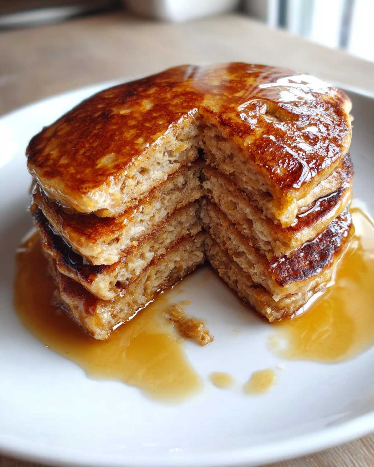 A close-up of a thick stack of fluffy oatmeal pancakes cut open, drizzled generously with syrup.