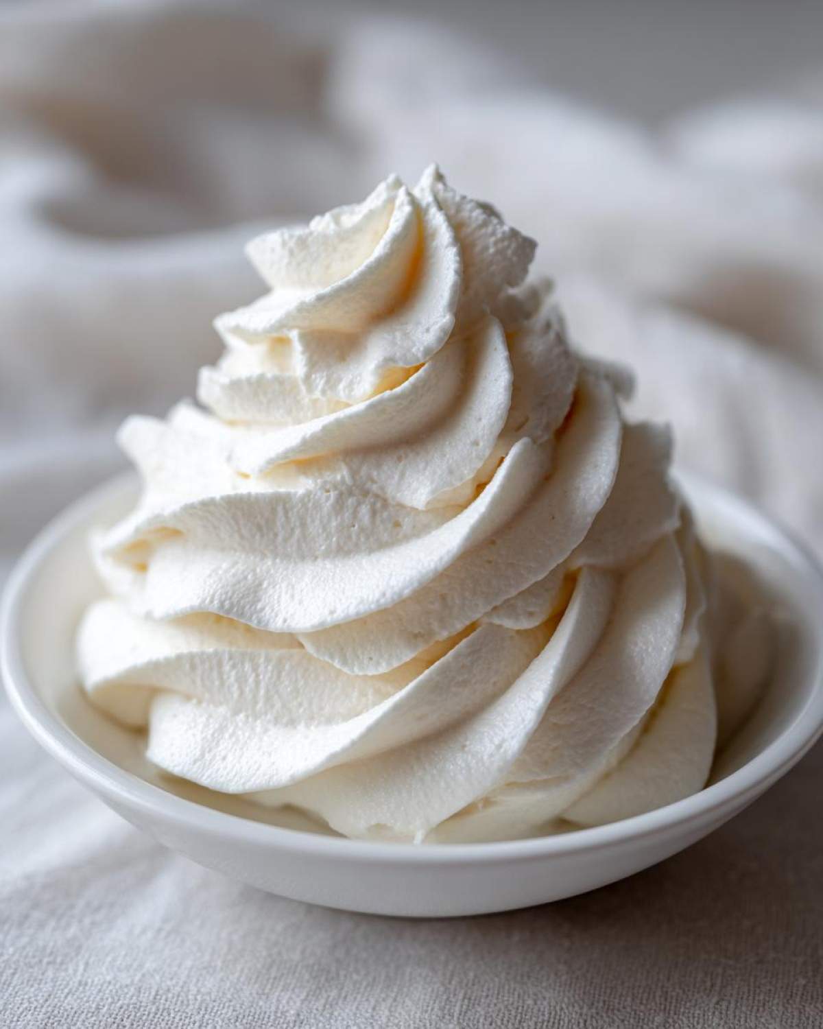 A perfect swirl of fluffy vanilla buttercream frosting piped high in a small white bowl.