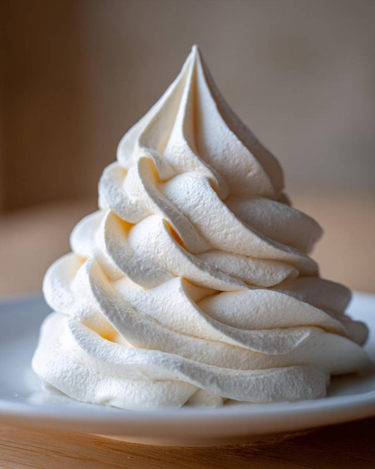 Close-up of a perfectly piped swirl of light, fluffy vanilla buttercream frosting on a white plate.