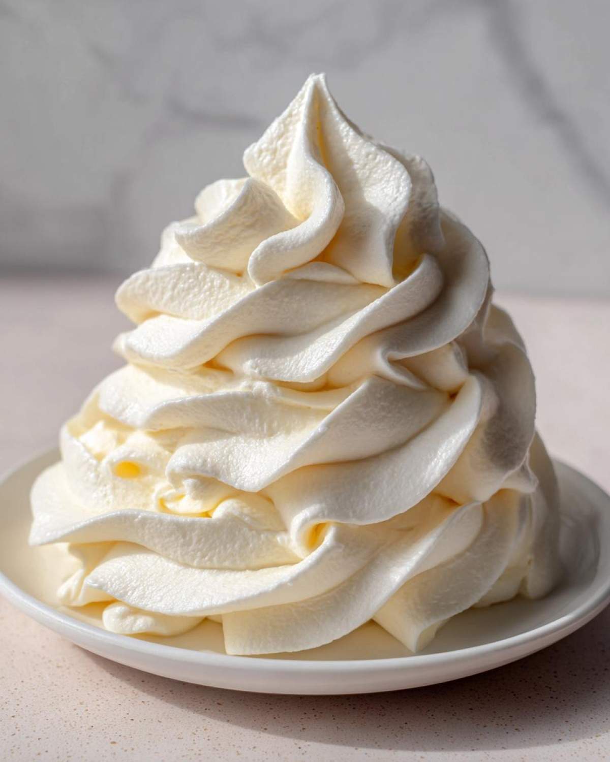 A tall, perfectly piped swirl of fluffy vanilla buttercream frosting sitting on a small white plate.