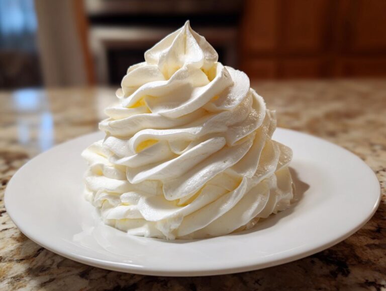 A tall swirl of fluffy, pale yellow vanilla buttercream frosting piped onto a small white plate.