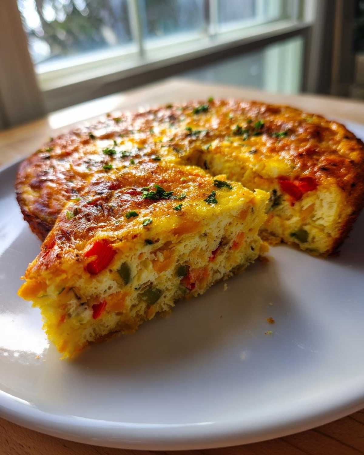 A thick slice of fluffy egg bake, filled with colorful peppers, served on a white plate.