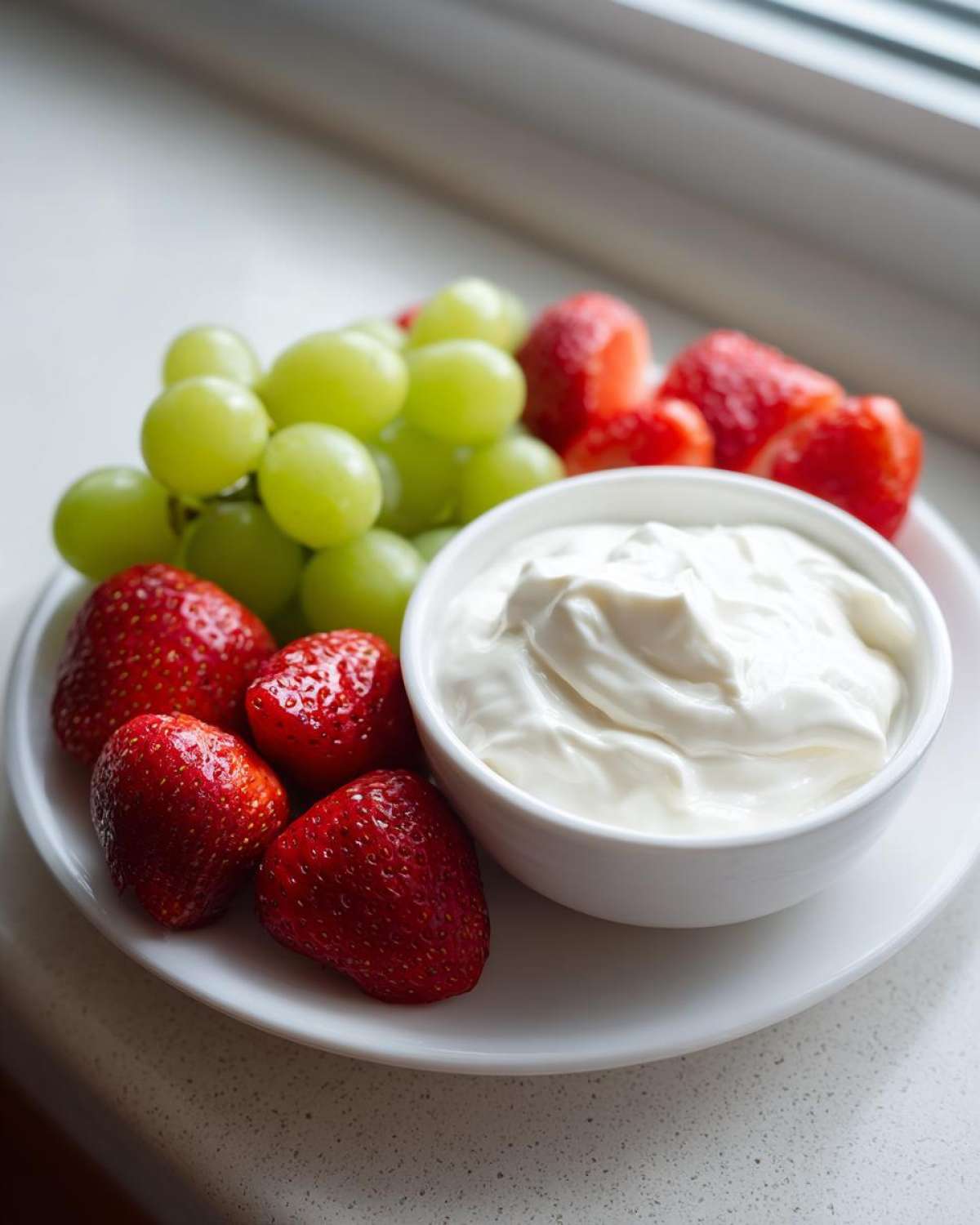 A white bowl of creamy fruit dip served with fresh strawberries and green grapes, perfect for snacking.