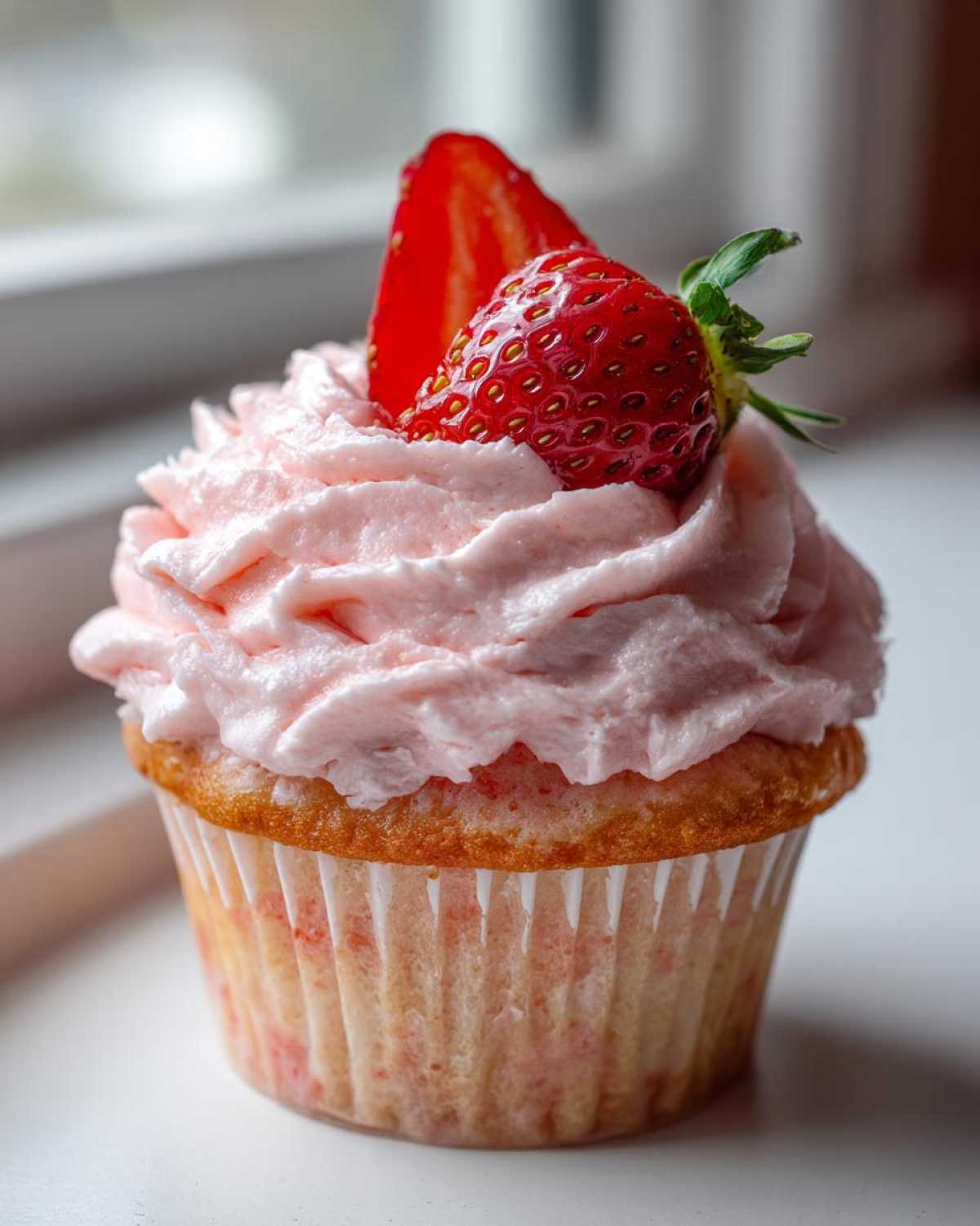 A single, moist strawberry cupcake topped with swirl of pink frosting and garnished with a fresh strawberry slice.