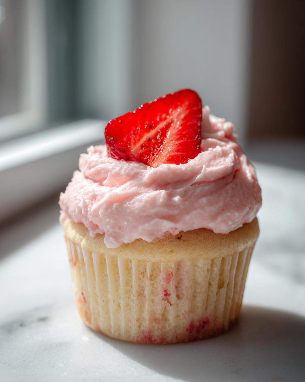 A single, moist vanilla strawberry cupcake topped with pink strawberry frosting and a fresh strawberry slice.