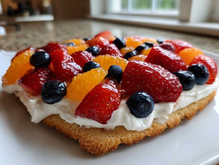Amazing 30-min fruit pizza sugar cookie joy A close-up of a square slice of fruit pizza sugar cookie topped with white frosting, strawberries, blueberries, and orange segments.