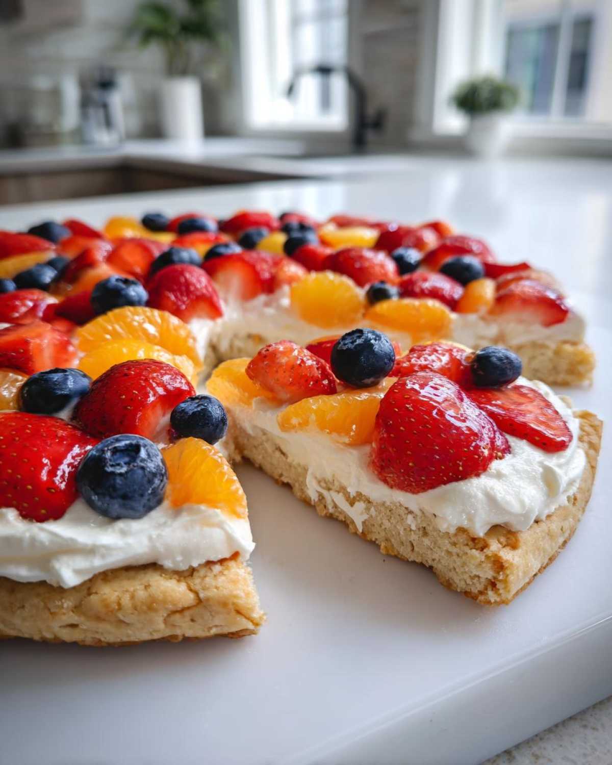 A slice cut from a fruit pizza sugar cookie topped with cream cheese frosting, strawberries, blueberries, and mandarin oranges.