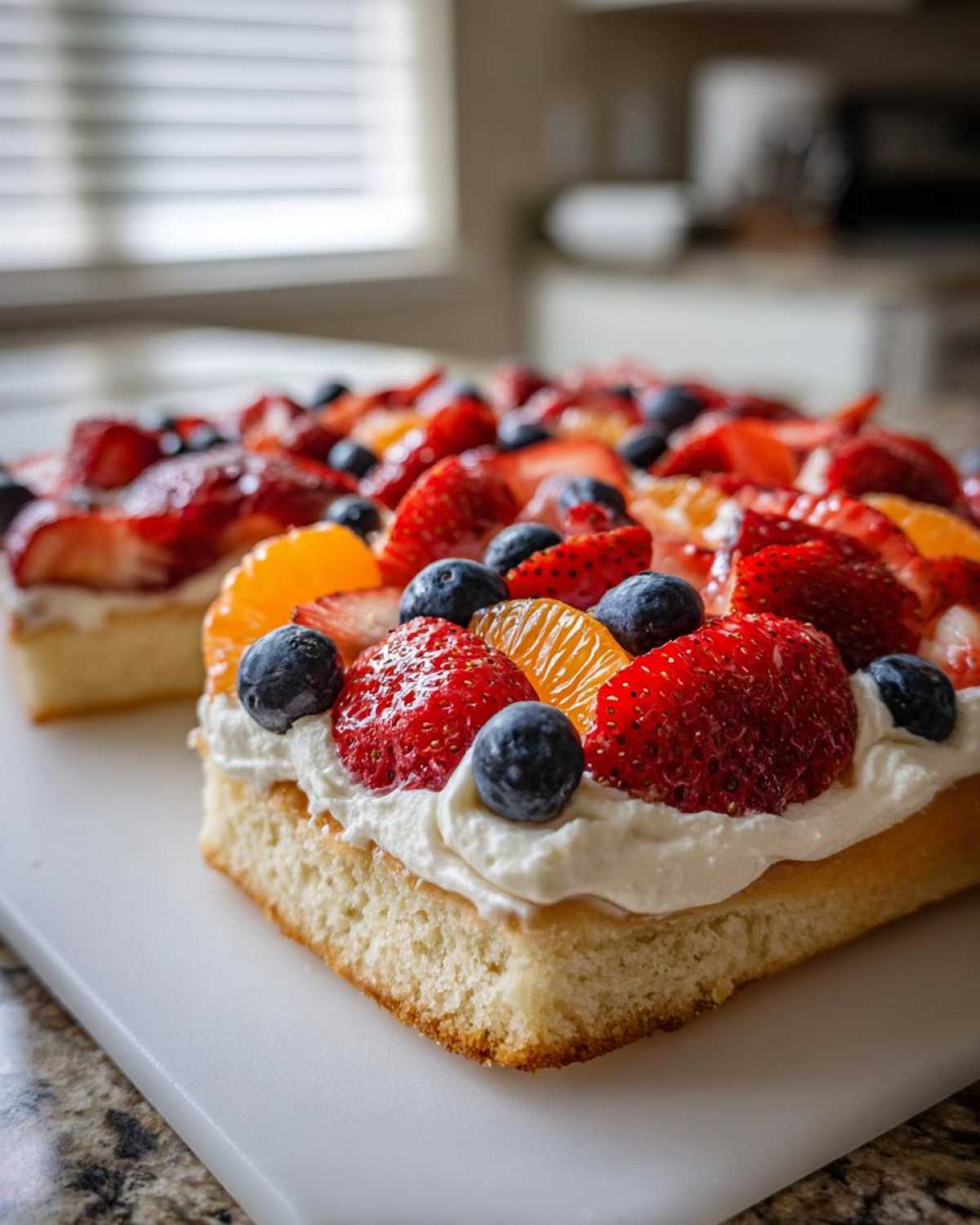 A square slice of fruit pizza sugar cookie topped with whipped cream, strawberries, blueberries, and mandarin oranges.