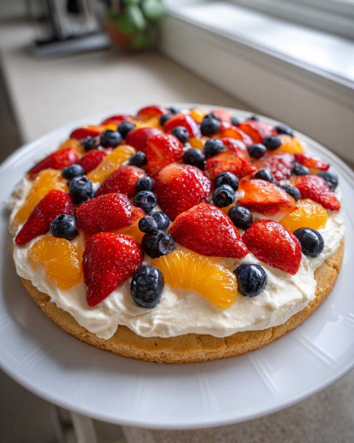 A vibrant fruit pizza sugar cookie topped with whipped cream, strawberries, blueberries, and mandarin orange slices.