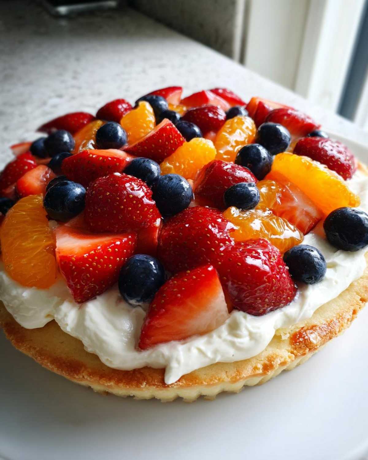 A close-up view of a delicious fruit pizza sugar cookie base topped with whipped cream, fresh strawberries, blueberries, and mandarin orange slices.