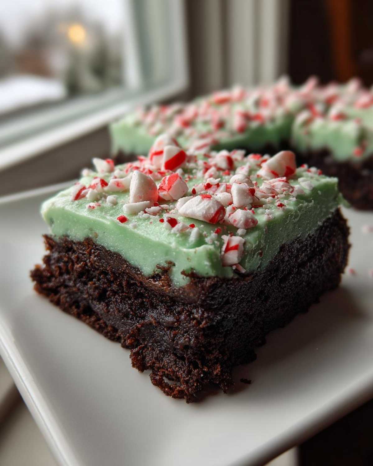 A close-up of a fudgy peppermint brownie square topped with light green mint frosting and crushed candy canes.