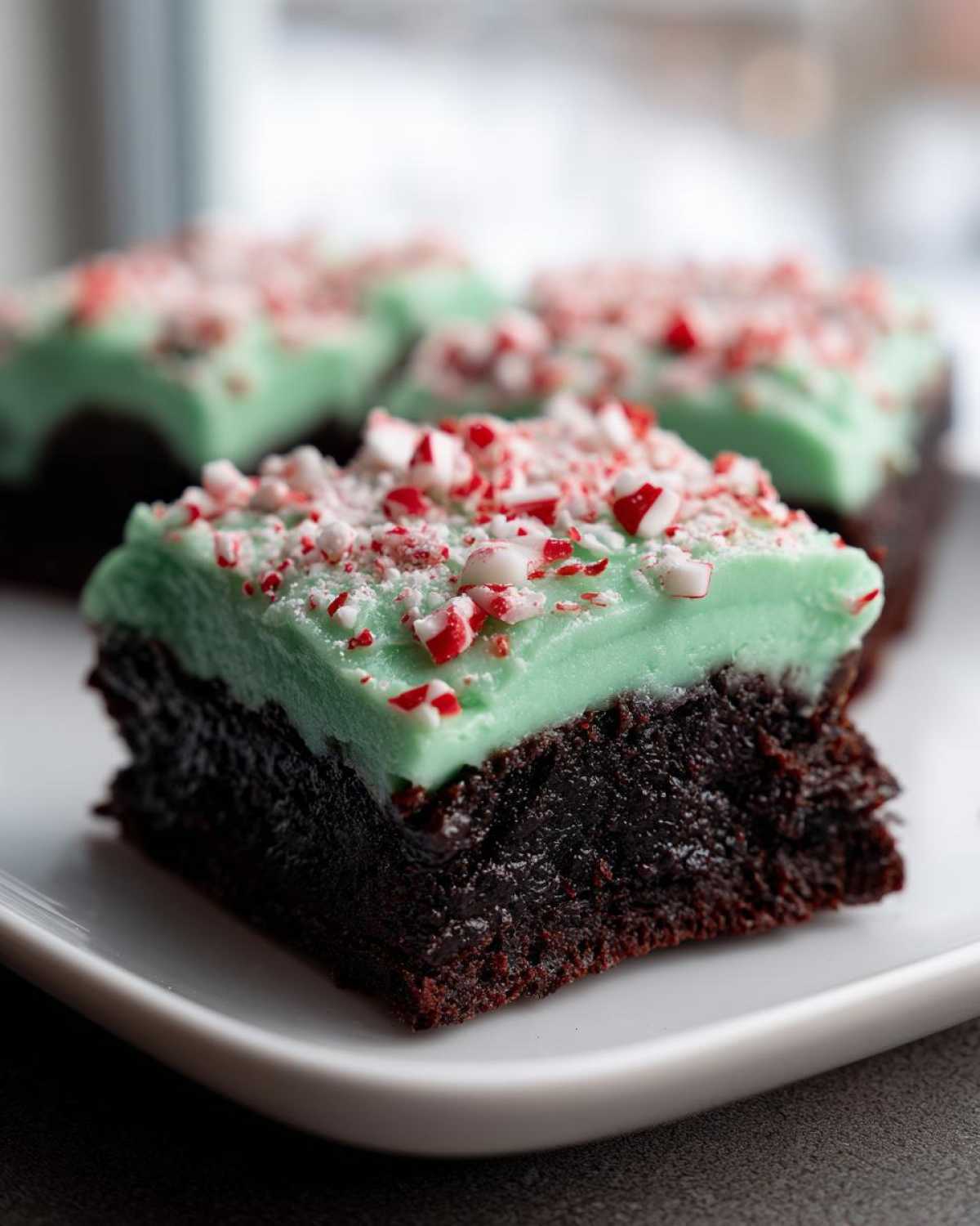Close-up of a fudgy peppermint brownie topped with bright green mint frosting and crushed candy canes.