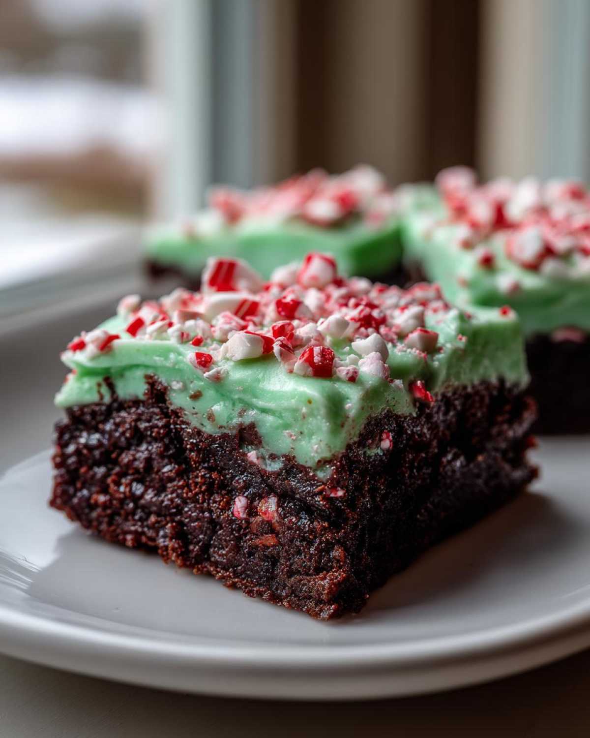 Close-up of a fudgy peppermint brownie topped with bright green mint frosting and crushed candy canes.