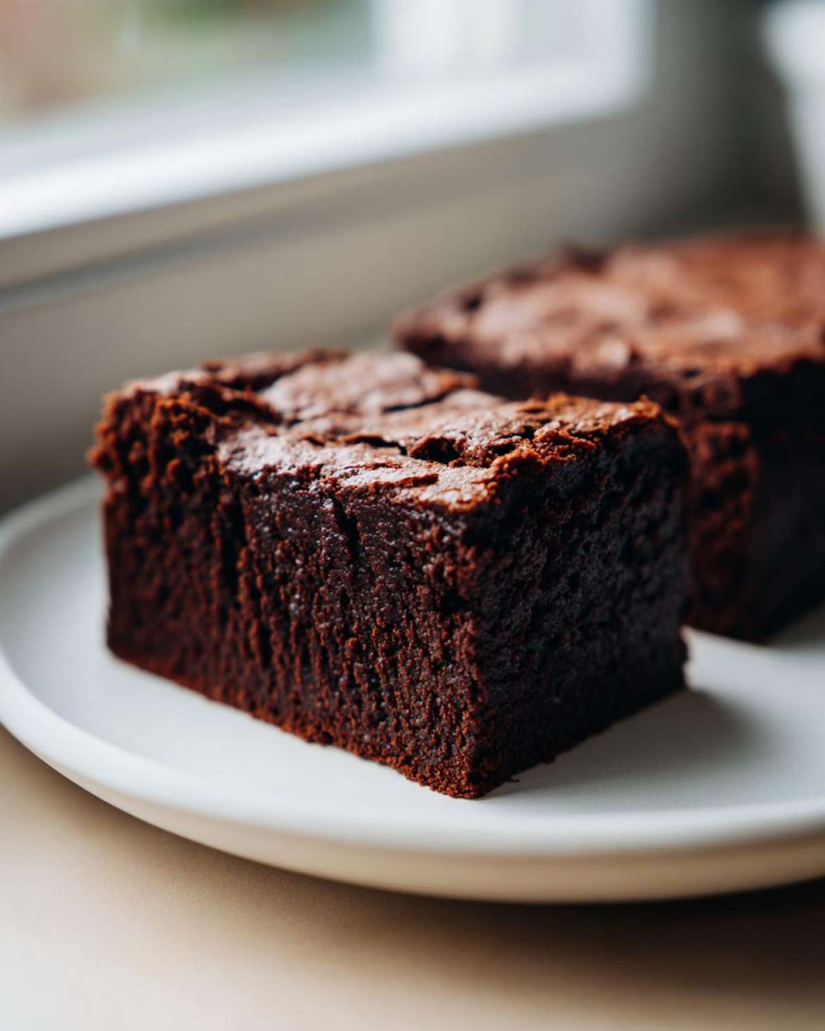 Close-up of two fudgy sweet potato brownies with cracked tops resting on a white plate near a window.