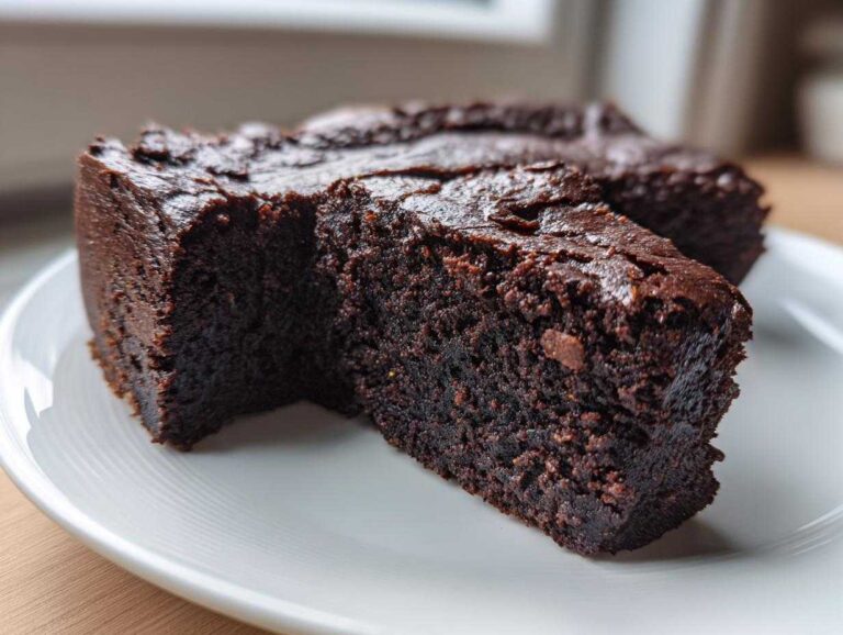 Close-up of two fudgy sweet potato brownies slices showing their dense, dark chocolate texture on a white plate.