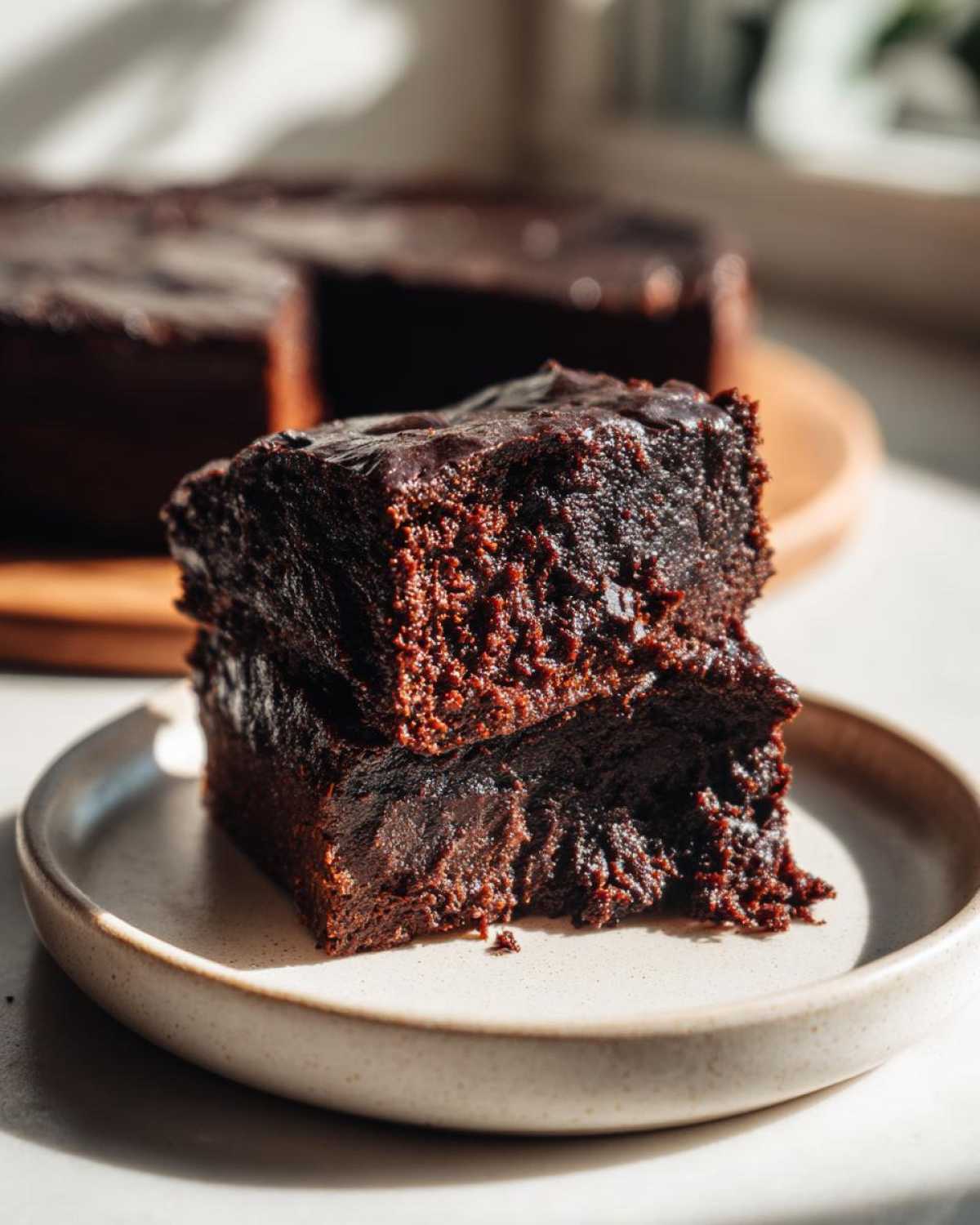 Two stacked, fudgy sweet potato brownies with a rich, dark chocolate texture on a speckled plate.