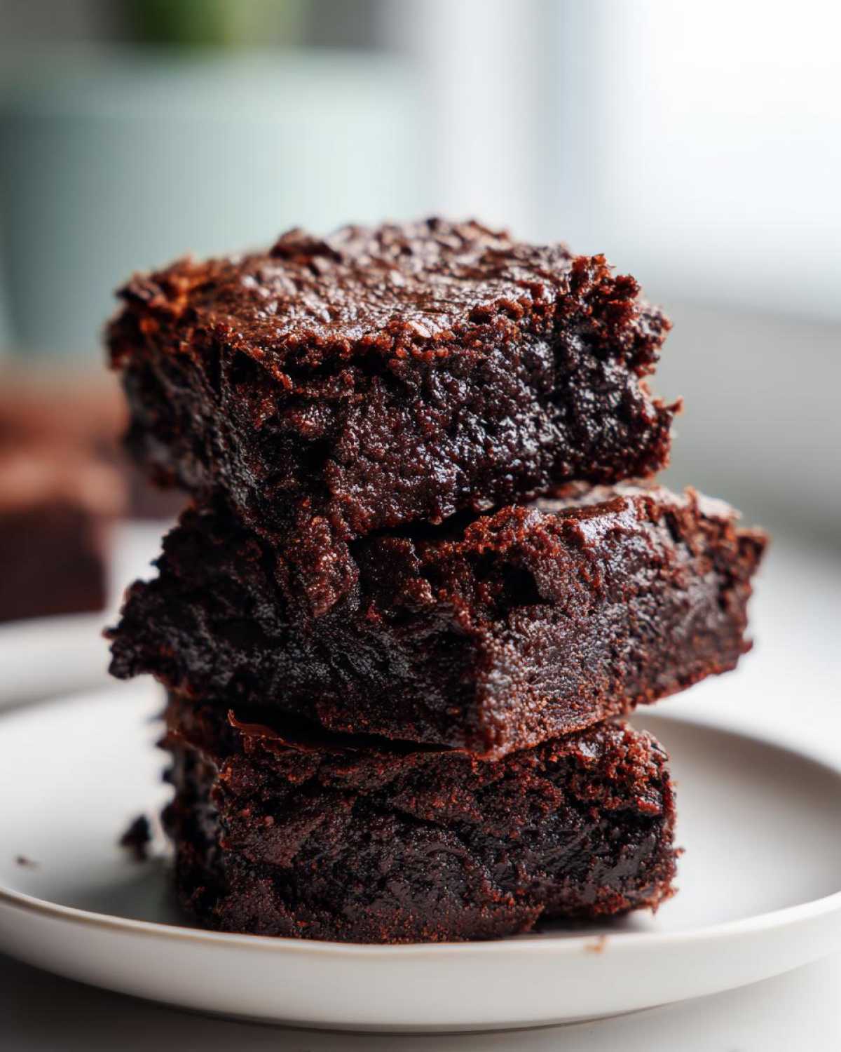 A stack of three rich, dark, fudgy sweet potato brownies piled on a white plate.
