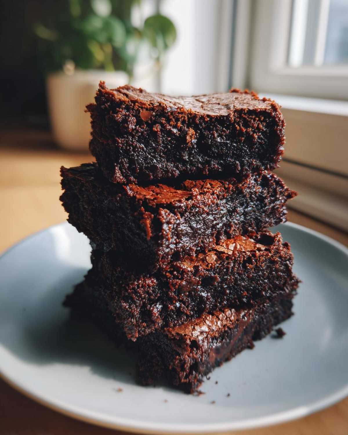 A stack of three fudgy sweet potato brownies with a rich, dark chocolate texture on a light blue plate.