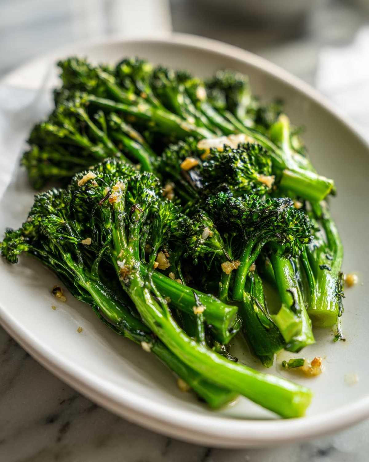Close-up of bright green, cooked broccolini tossed with minced garlic, served on a white oval plate.