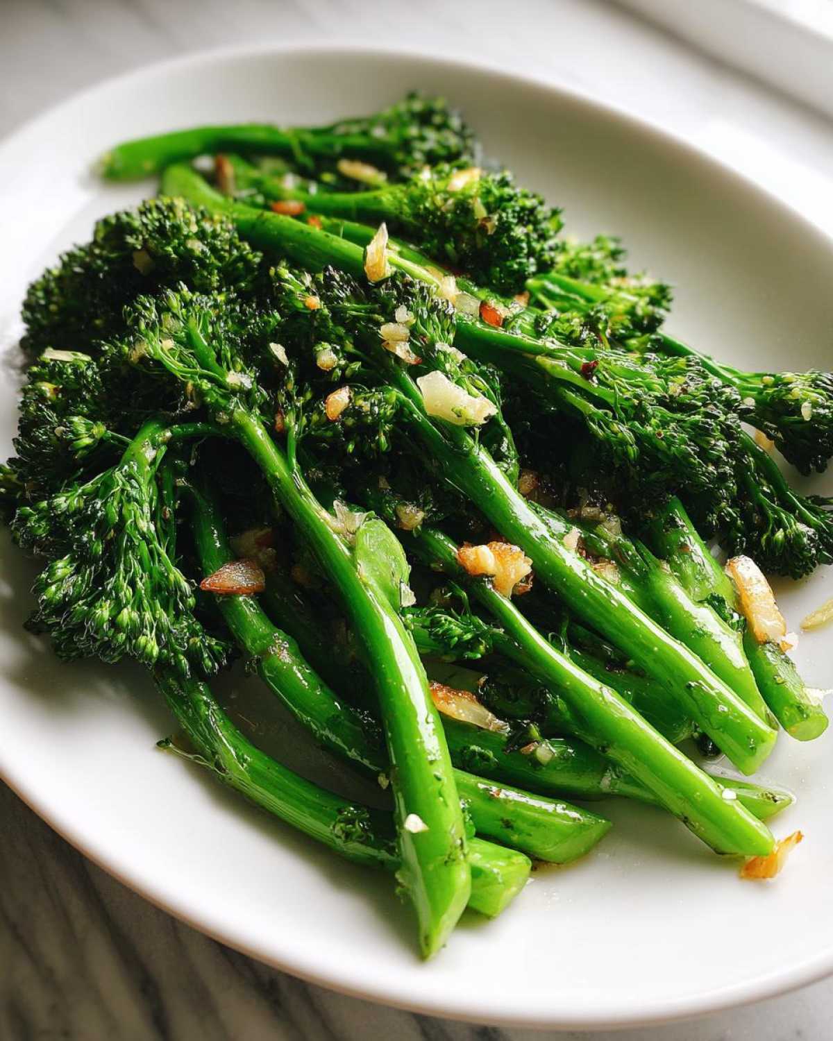 Bright green, sautéed broccolini stalks seasoned with visible pieces of browned garlic, served on a white platter.