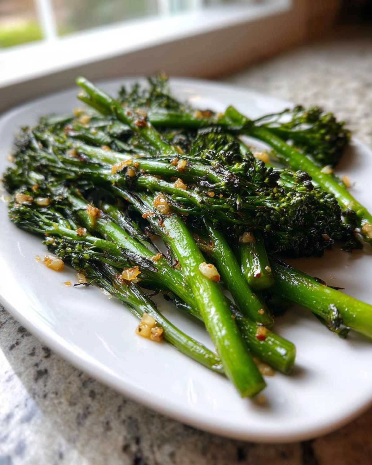 A close-up of bright green, sautéed broccolini tossed with browned garlic pieces, served on a white plate.