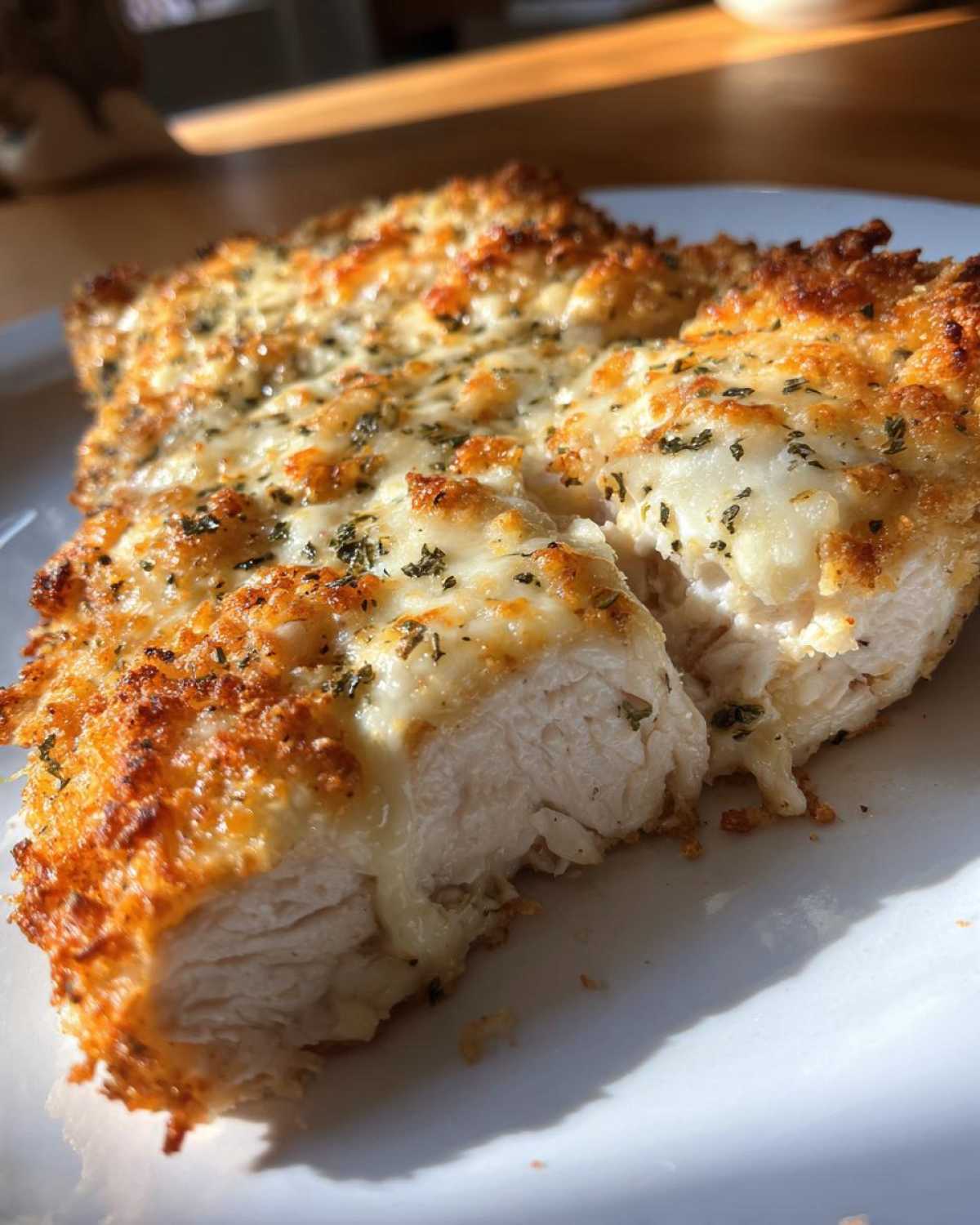 Cross-section of juicy Garlic Parmesan Chicken Bake showing melted cheese and golden crust.