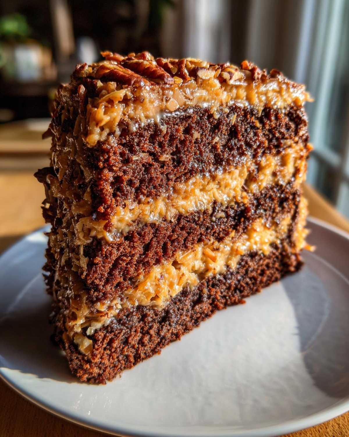 A tall, decadent slice of german chocolate cake recipe showing three layers of dark chocolate cake and coconut-pecan frosting.
